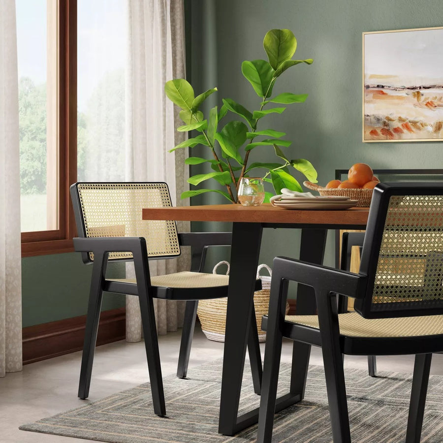 Wood Framed Woven Panel Dining Chair Black (FA) - Threshold: Polyester, No Assembly, 225lb Capacity