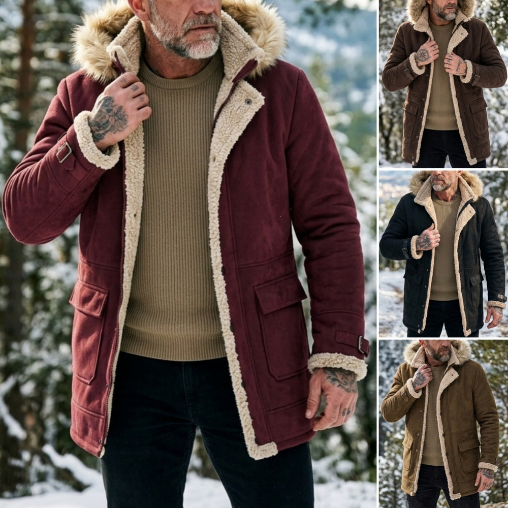 Men's Lined Hooded Hiking Jacket with Fur-Style Collar
