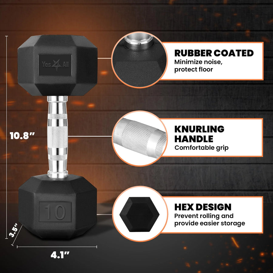 Yes4All Cast Iron - Chrome Grip Hex Dumbbell - 10 lbs - Single