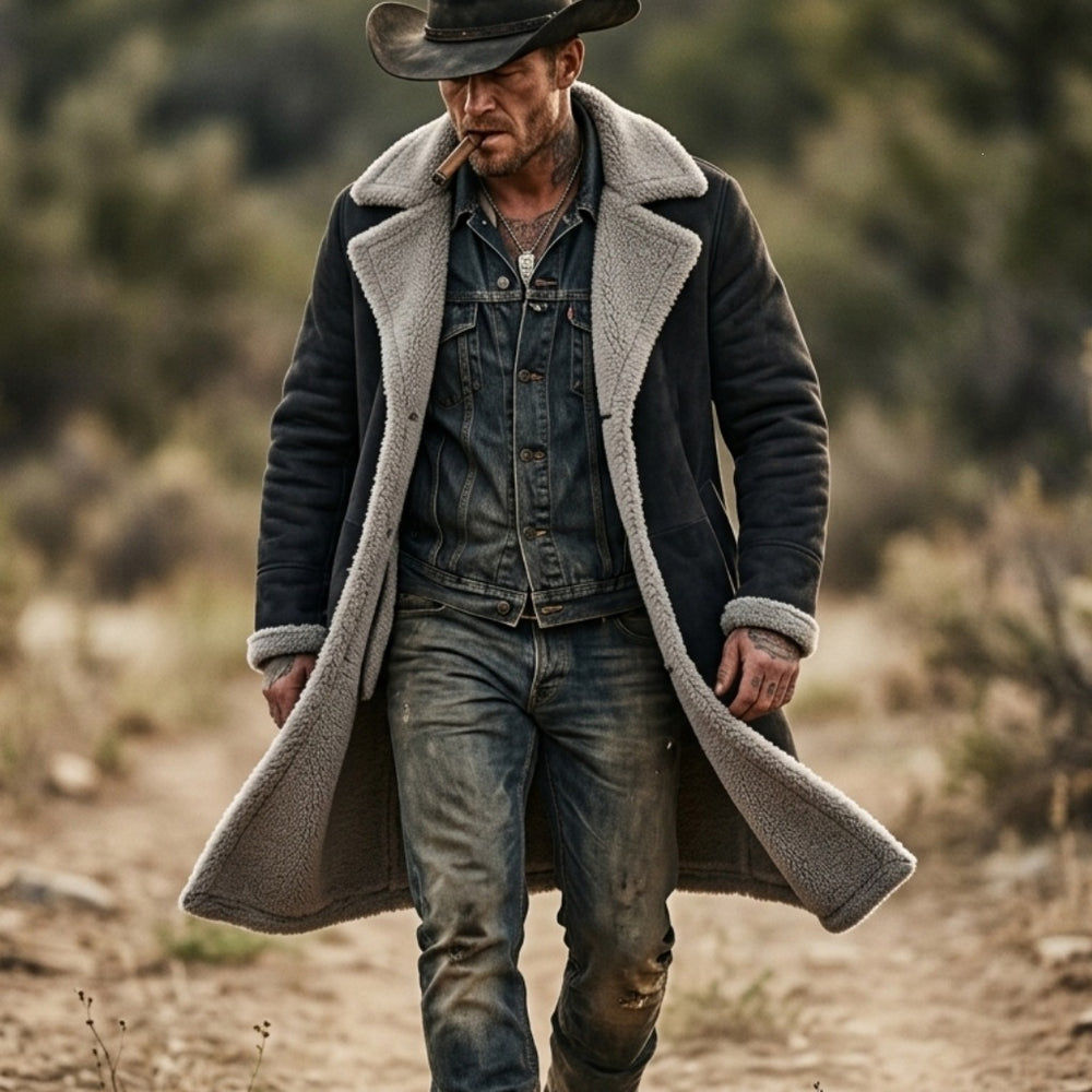 Men's Retro Suede-Style Fleece Trench Coat