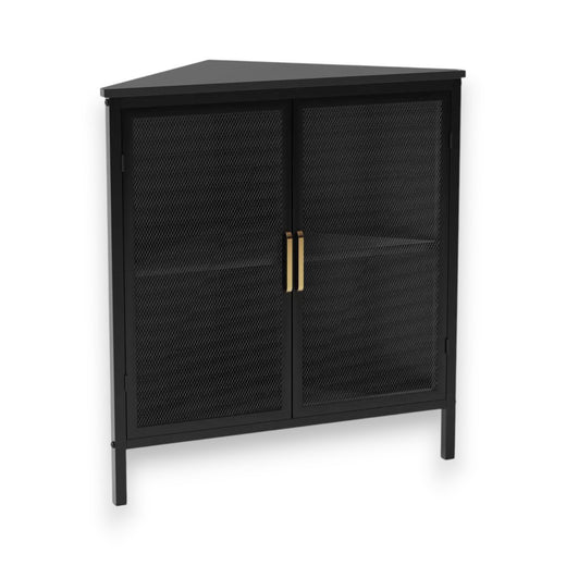 Black Mesh Corner Cabinet – V-Shaped Metal Storage with Gold Handles