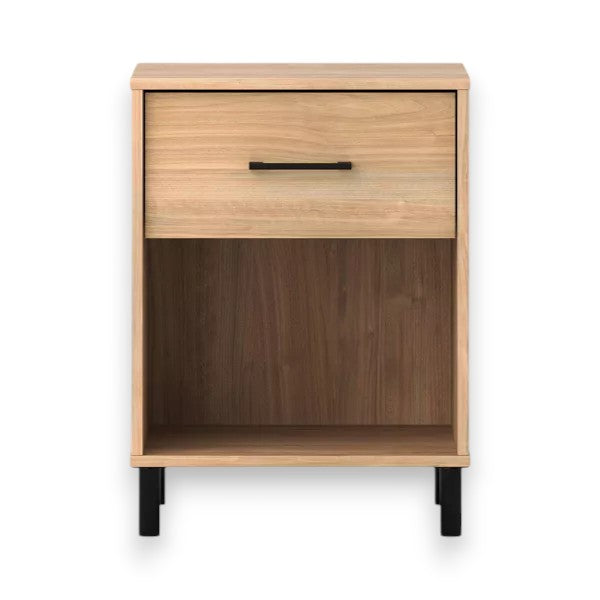 Mixed Material Dorm Nightstand – Natural Finish with Drawer, Open Shelf & Metal Legs