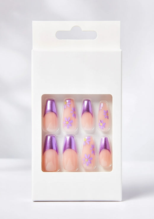 Press On Nails “Sunkissed”, Purple, Long Coffin Shape, 28 Count