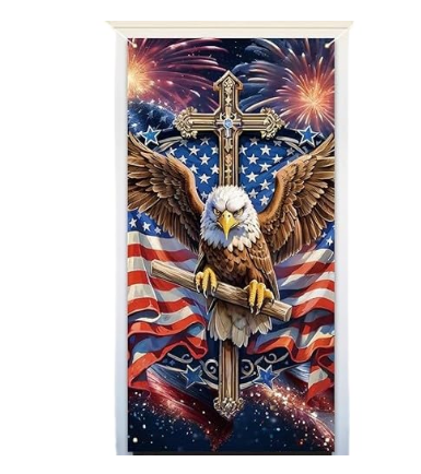 4th of July Door Cover – Patriotic Photo Backdrop for Independence Day, Memorial Day & Veterans Day – Holiday Door Decoration for Home