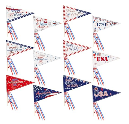 4th of July Patriotic Pennant Flags, 12x8 Inch, 24 Pack, USA Independence Day Party Decorations with Ribbons