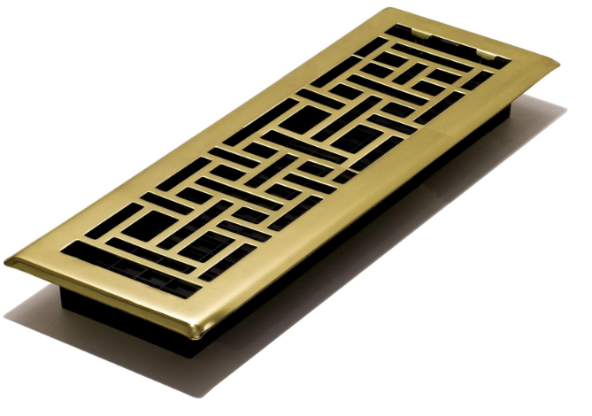 4x14 Inch Floor Register – Oriental Style Steel Plated Vent Grate, Bright Brass Finish, Decorative HVAC Cover (1-Pack)
