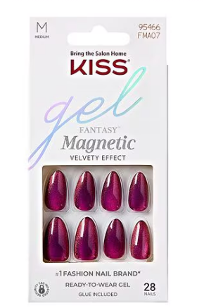Magnetic Press-On Nails, Wine Color, Medium Almond, 1 Set (28 Count)
