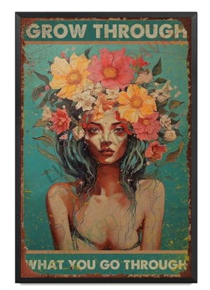 Vintage Metal Wall Art Sign – “Grow Through What You Go Through” Quote, Turquoise Floral Aluminum Tin, 8 x 12 Inches