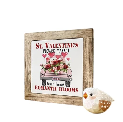 Valentine’s Day Flower Market Wooden Box Sign – Vintage Pink Truck Farmhouse Table Decor, “Fresh Picked Romantic Blooms”