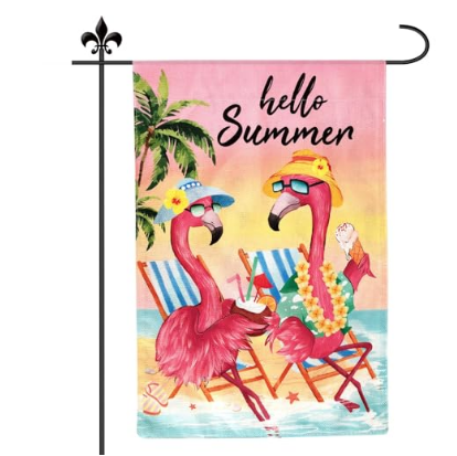 Summer Flamingo Garden Flag – 12 x 18 Inch Double-Sided Premium Linen Hello Summer Tropical Flag for Outdoor Yard & Farmhouse Decor