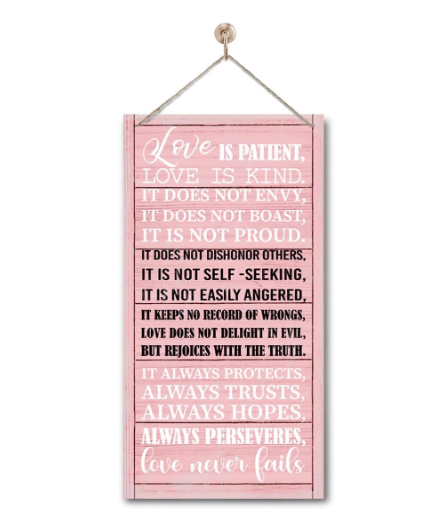 Rustic Wood Wall Sign – "Love is Patient" Bible Verse 1 Corinthians 13:4-8, Pink Hanging Decor, Christian Home Gift