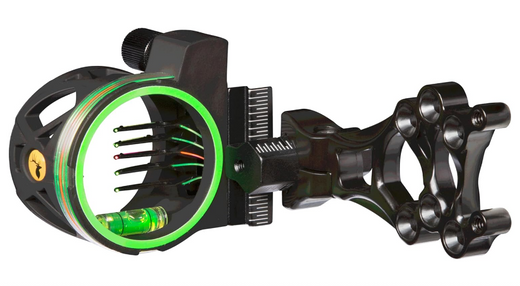5-Pin Archery Bow Ambidextrous Sight – Ultra-Bright .019 Horizontal Fiber Optic Pins, Bubble Level, Green Hood Accent, Fiber-Wrapped Pin Guard