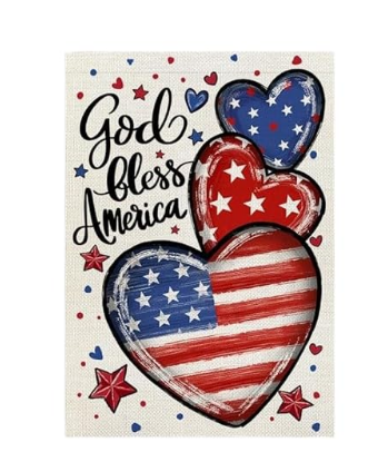 Patriotic Hearts Garden Flag – Double-Sided Burlap, 12x18 Inch “God Bless America” Design for 4th of July