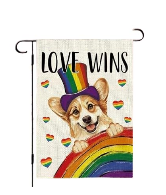 Love Wins Garden Flag, Rainbow Corgi Design, Double-Sided Burlap, 12 x 18 Inches