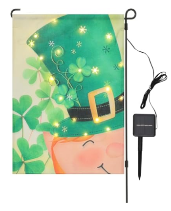 Lighted St. Patrick’s Day Garden Flag, 12×18 Inch, Double-Sided Leprechaun with Green Hat & Shamrock Clover, Solar Seasonal Outdoor Decoration