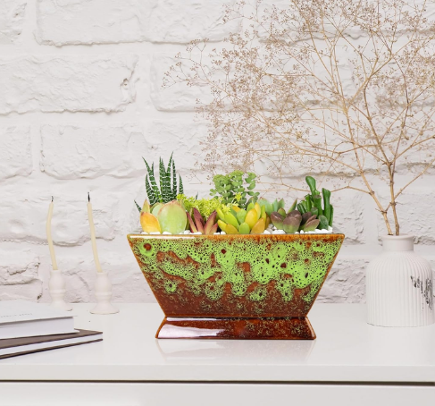 Ceramic Succulent Planter Pot – Small Indoor Plant Pot for Cactus & Succulents, Decorative Flower Pot, 7.1 x 4.1 x 3.7 Inches