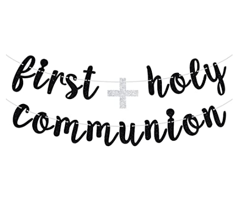 Black Glitter First Holy Communion Banner – Gold “Bless This Child” Party Sign for Baptism, Baby Shower & First Birthday Decorations