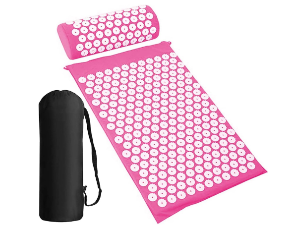 Acupressure Body Mat and Pillow Set – Pain Relief for Back, Neck, and Muscles, Includes Travel Bag with Adjustable Strap, Pink with White Spikes