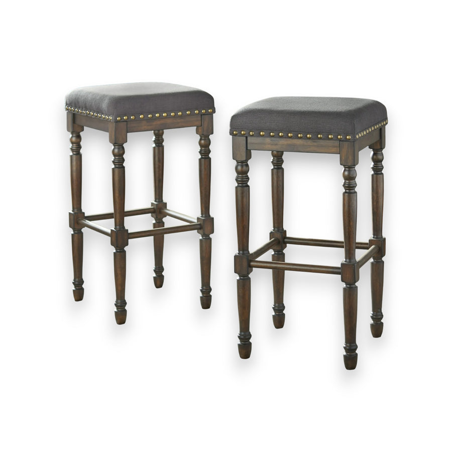 Lifestorey Set of 1 Grafton 30" Bar Height Barstool Charcoal Gray: Rustic-Brown Finish, Nailhead Trim