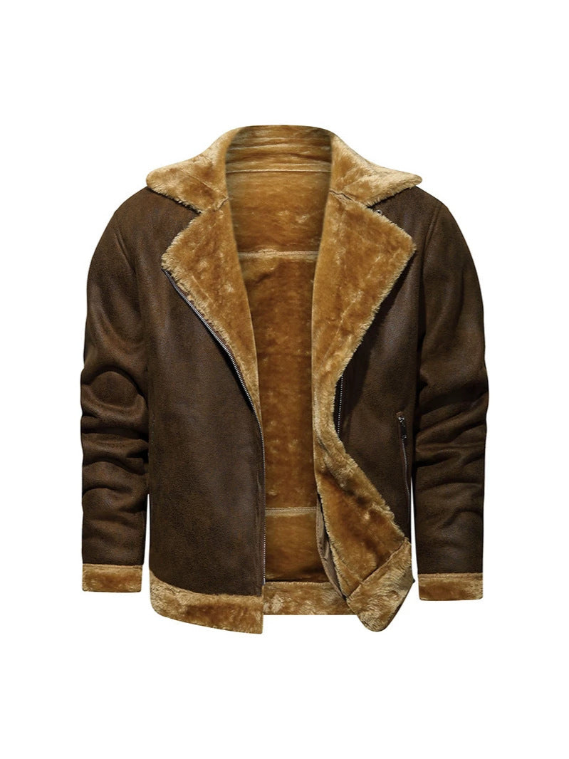 Men's Fleece-Lined Lapel Faux Leather Jacket