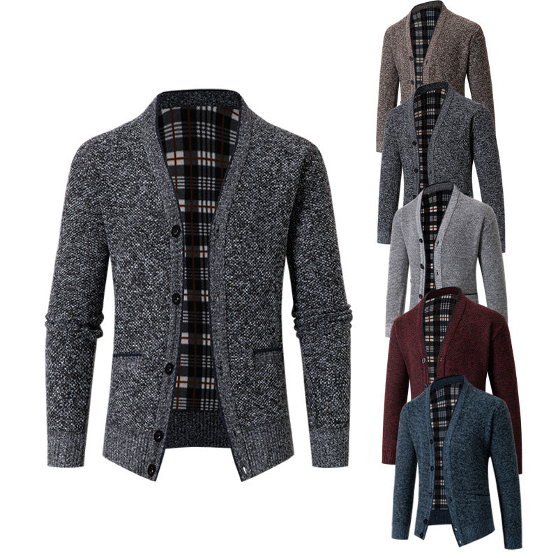 Men's Plaid Fleece-Lined V-Neck Knit Cardigan