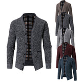 Men's Plaid Fleece-Lined V-Neck Knit Cardigan