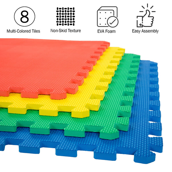 Interlocking Floor Mats 8-Piece Nontoxic Exercis -e Mat or Play Mat for Toddlers, Babies or Kids - Foam Padding for Home Gym by Stalwart (Multicolor)