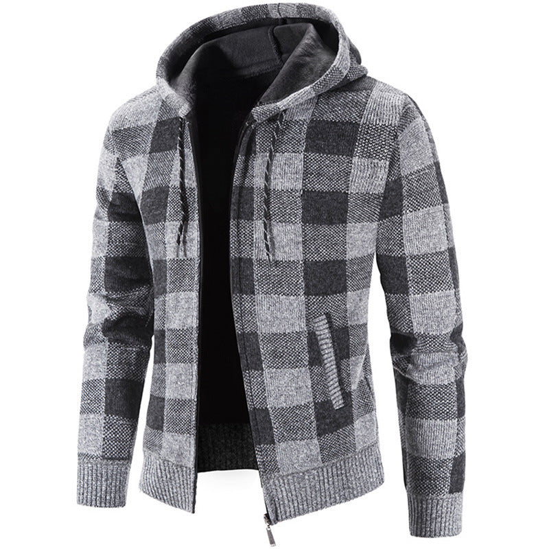 Men's Plaid Fleece-Lined Hooded Cardigan