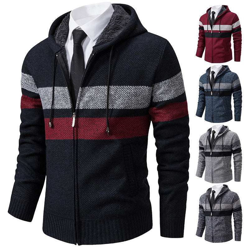 Men's Striped Fleece-Lined Hooded Cardigan