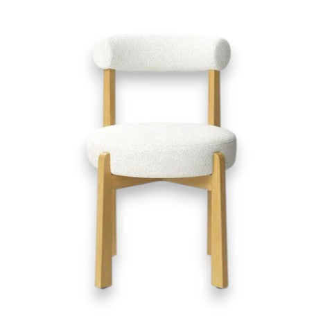Sculptural Cream Boucle Dining Chair with Wooden Frame – Modern Curved Back